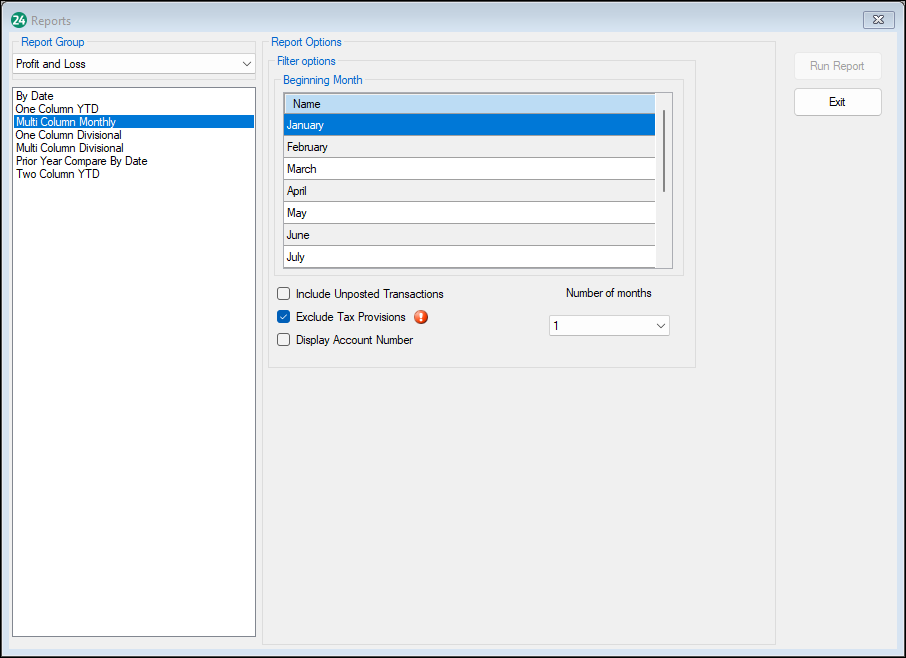 Multi-column monthly P&L screen